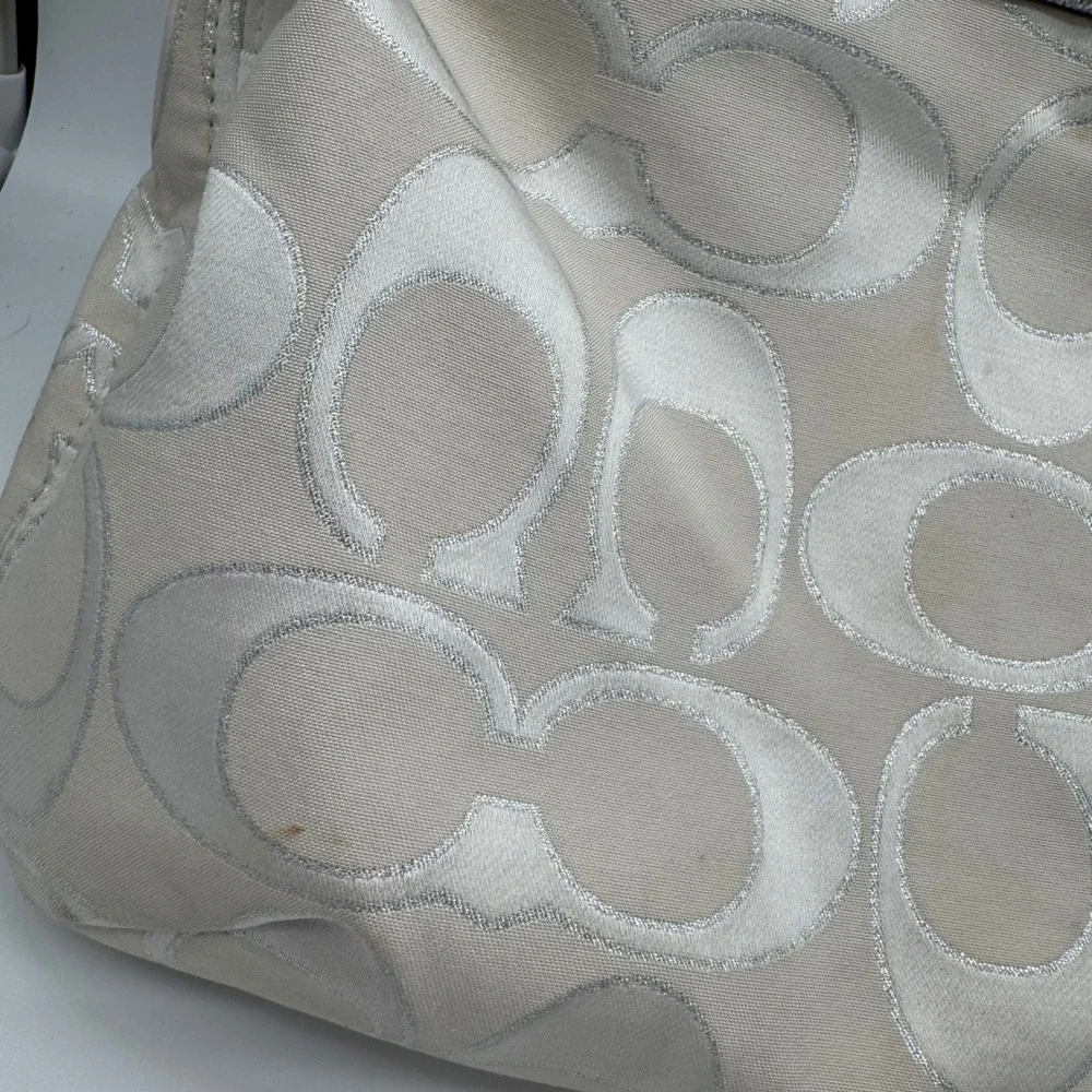 Vintage COACH Poppy Signature Sateen Glam Tote Bag White Silver Metallic 17x14